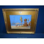 A gilt framed and mounted Watercolour depicting Eastern ruins and figures with a camel,