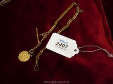 A 9ct gold fob watch chain with a mounted Edward VII 1910 sovereign, 43 g.