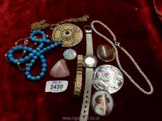 Miscellaneous brooches, a silver 'St Christopher', a ladies watch, a Sterling silver 925 bracelet,