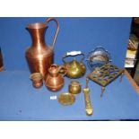 A large copper water jug, brass kettle and trivet, small copper vase, brass pin dish, etc.