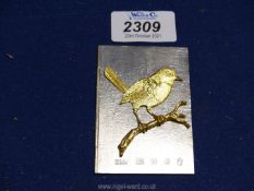 A solid Silver card with bird on branch to front, London maker, House of Lawrian, date letter 'C',