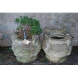 Pair of concrete garden urns, (one being planted), 20'' high x 20'' diameter.