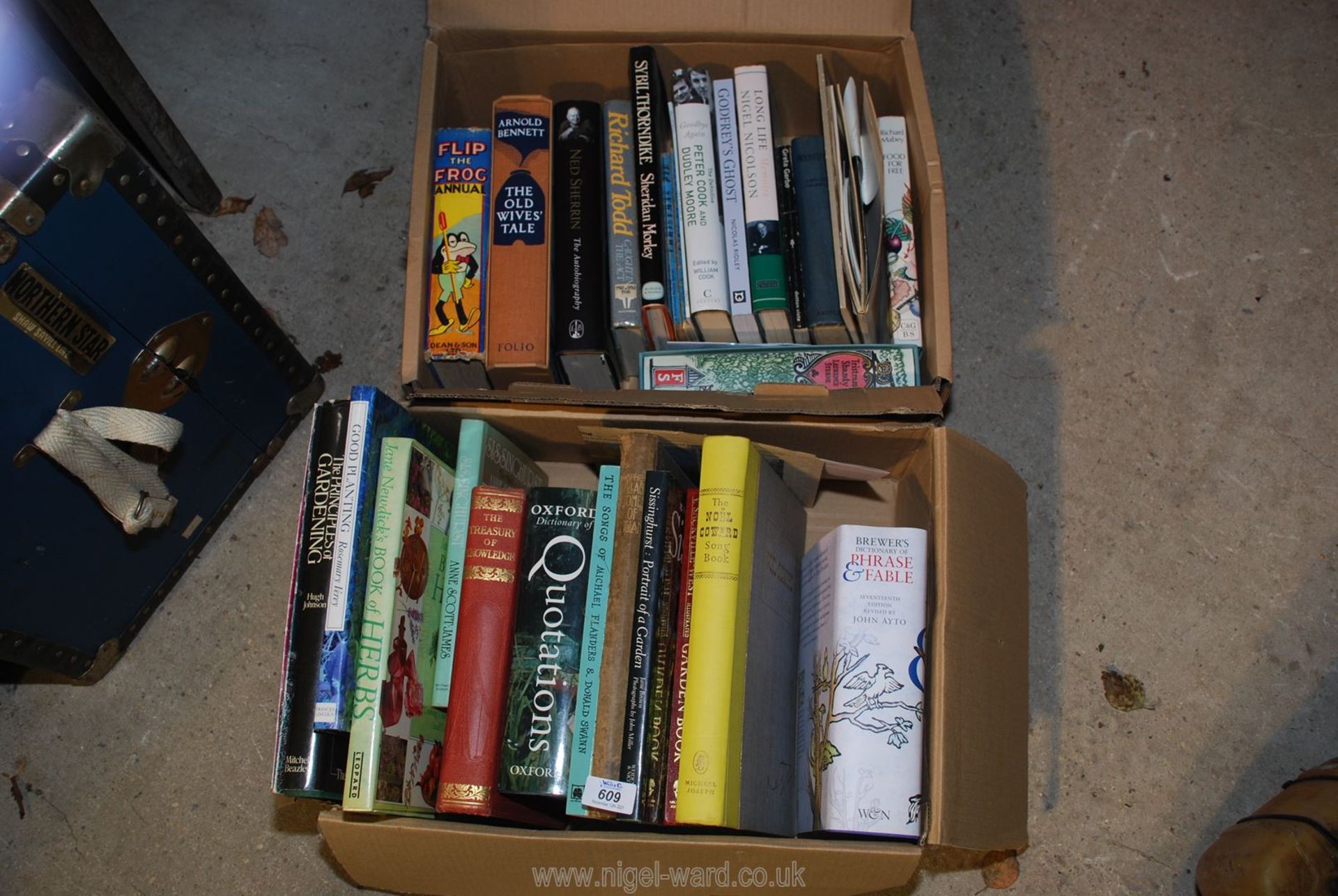 Two boxes of miscellaneous books including Flip the Frog annual, Noel Coward's Song Book etc.