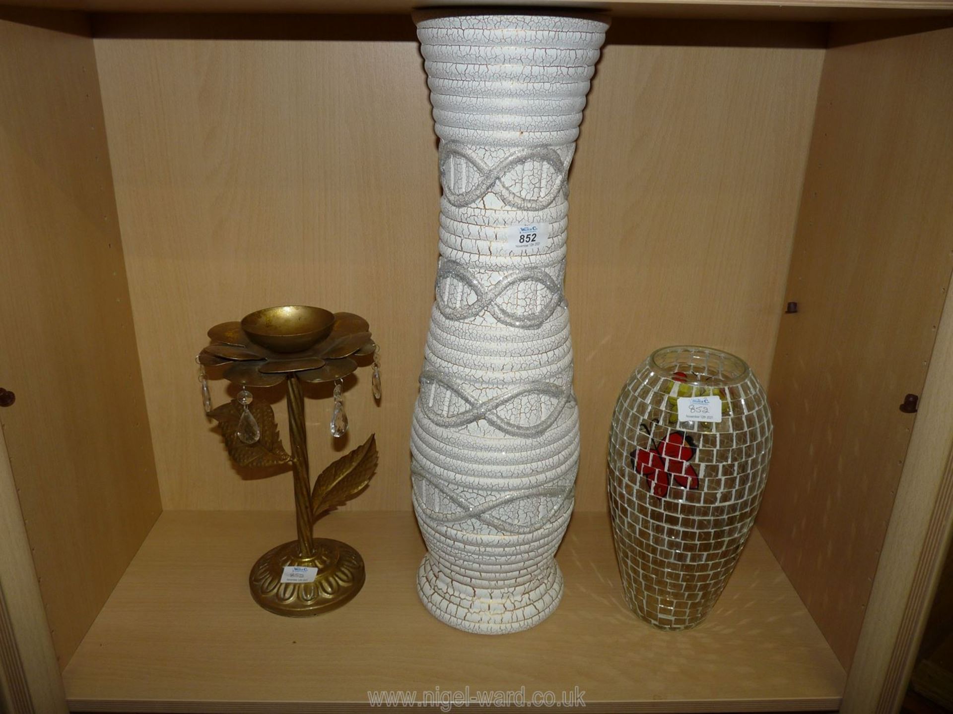 A large modern ceramic floor vase, glass vase and metal night light stand.