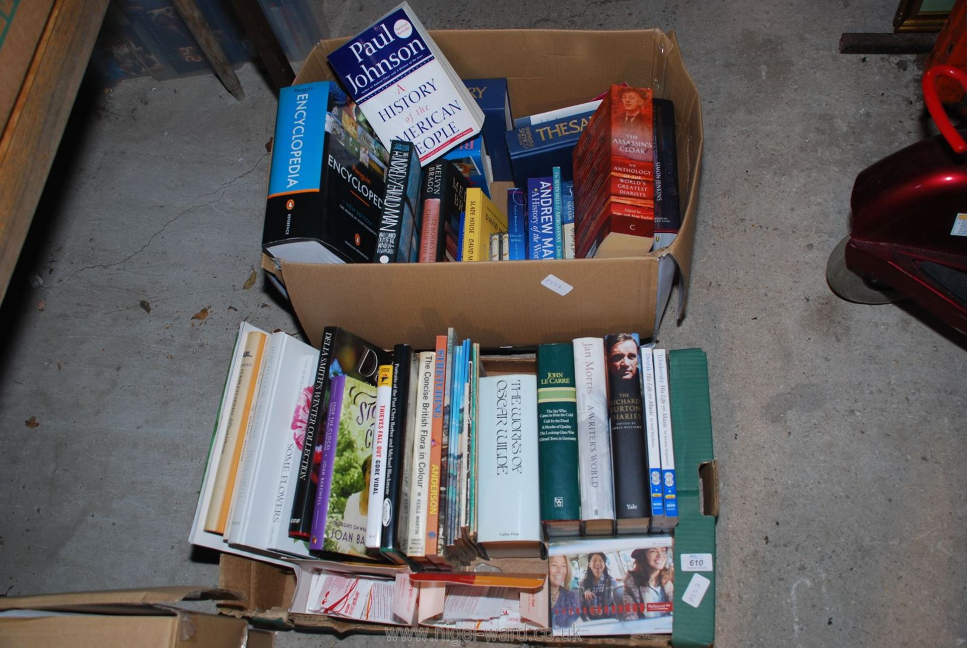Two boxes of books including the works of Oscar Wilde, Delia Smith etc.