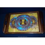 A Brazilian butterfly wing inlay wood serving Tray with iridescent blue wings and yellow wing