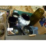 A quantity of glass including two black goblets, black/white speckled vase, tall green vase etc.