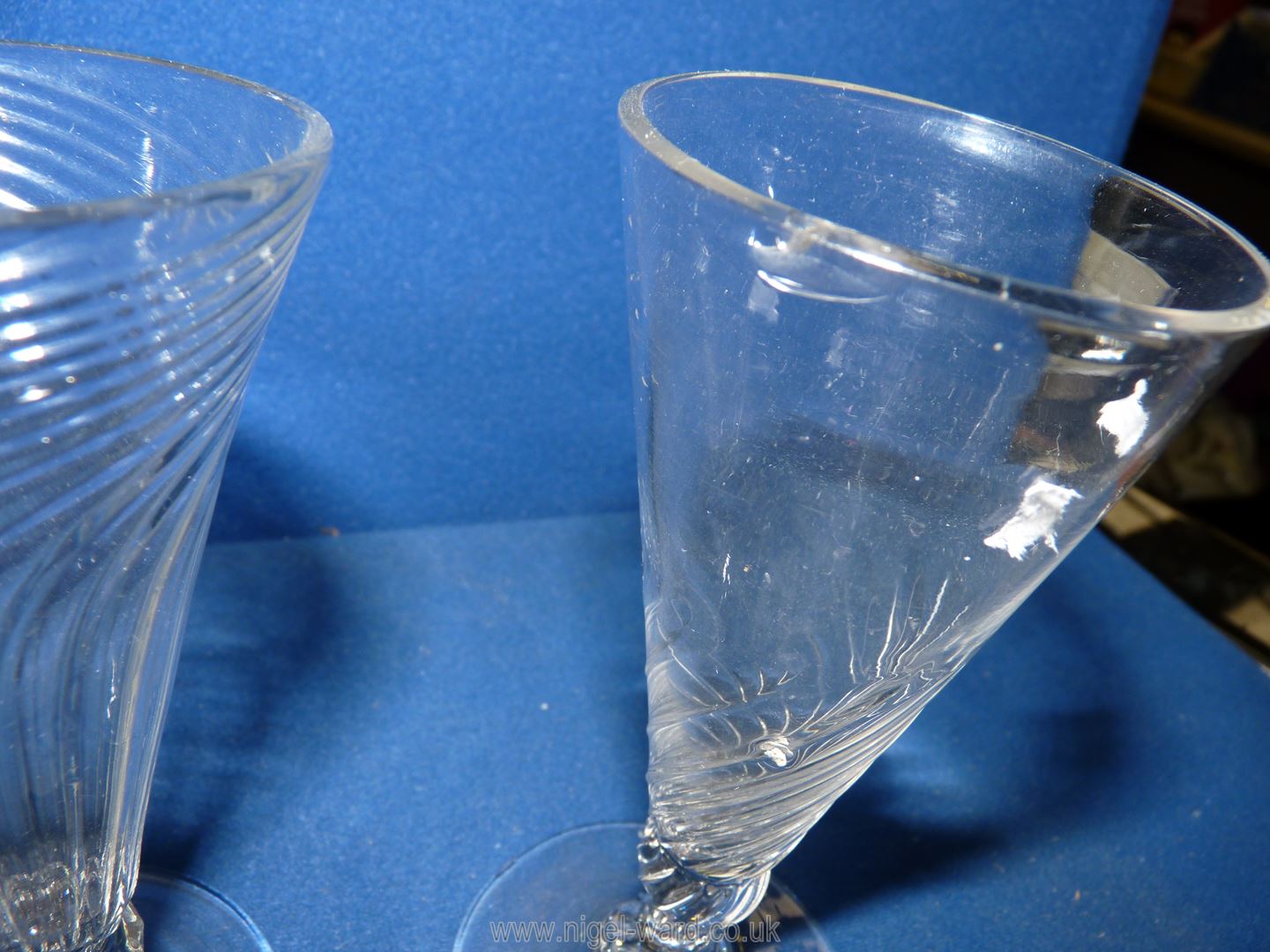Two funnel shaped ale glasses with rough pontile (one with a crack). - Image 5 of 5