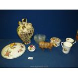 A quantity of china to include; large multi coloured water vessel, Charles & Diana lidded pot,