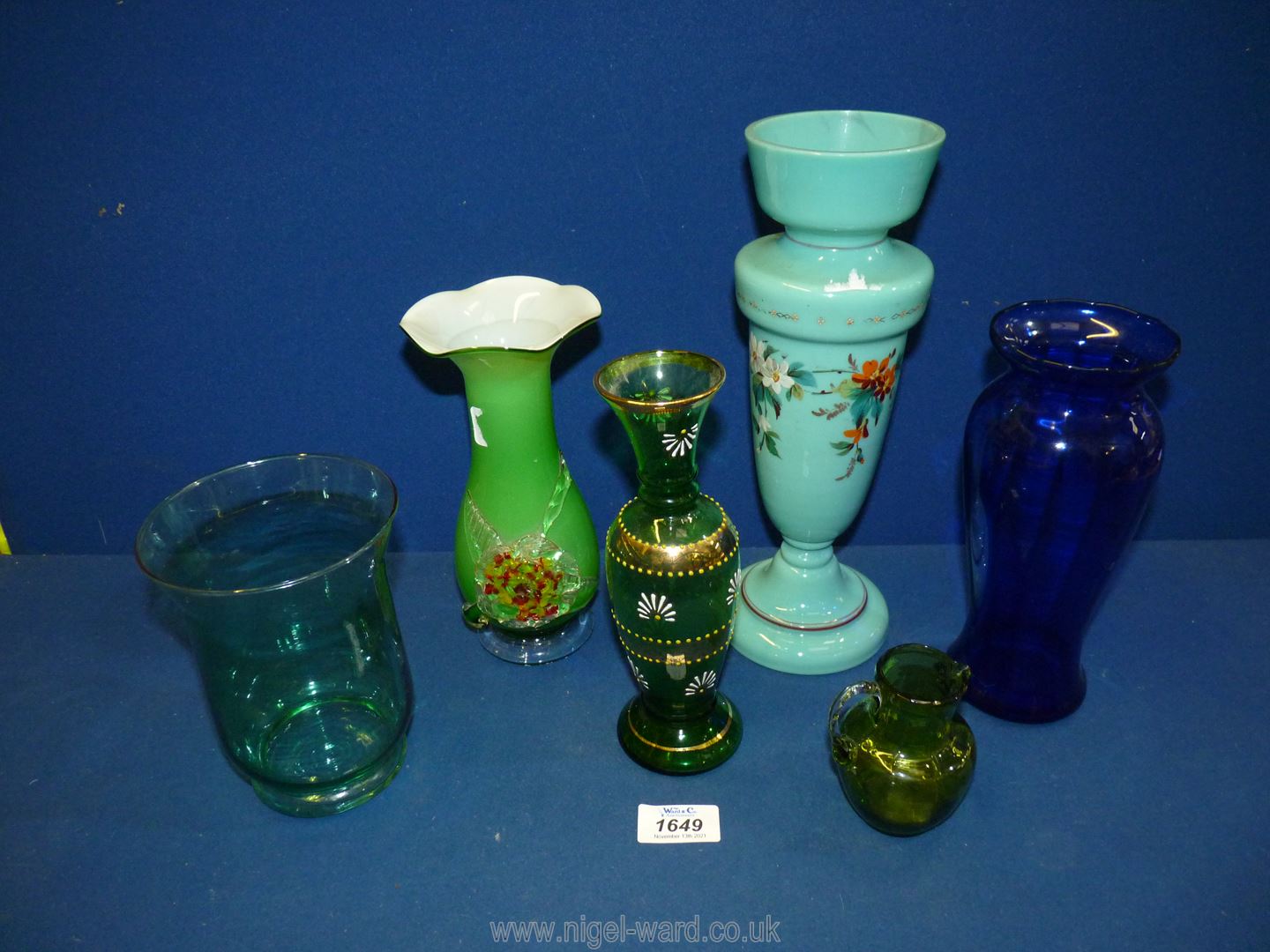 Six vases including Turquoise Opaline slender shape with painted flowers,