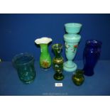 Six vases including Turquoise Opaline slender shape with painted flowers,