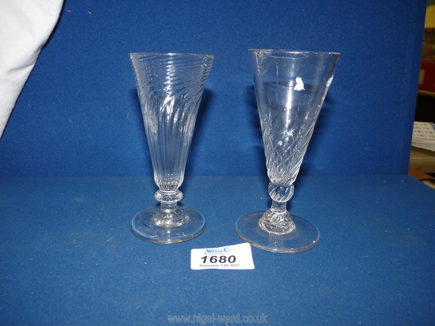 Two funnel shaped ale glasses with rough pontile (one with a crack). - Image 4 of 5