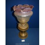 An Oil Lamp with etched white and pink shade with fluted rim.