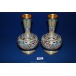 A pair of cloisonne vases in blue and cream with gilt rims. 9 1/2" tall.