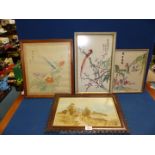 Three Chinese pictures of birds; one embroidery and two painted on silk,