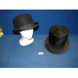 A moleskin plush silk Top hat by Cuthbertson of London and a Christy's of London Bowler hat.