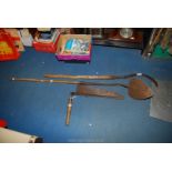 Three vintage agricultural hand tools : Hay cutter, foundry made Bill Hook and Turf Lifter.
