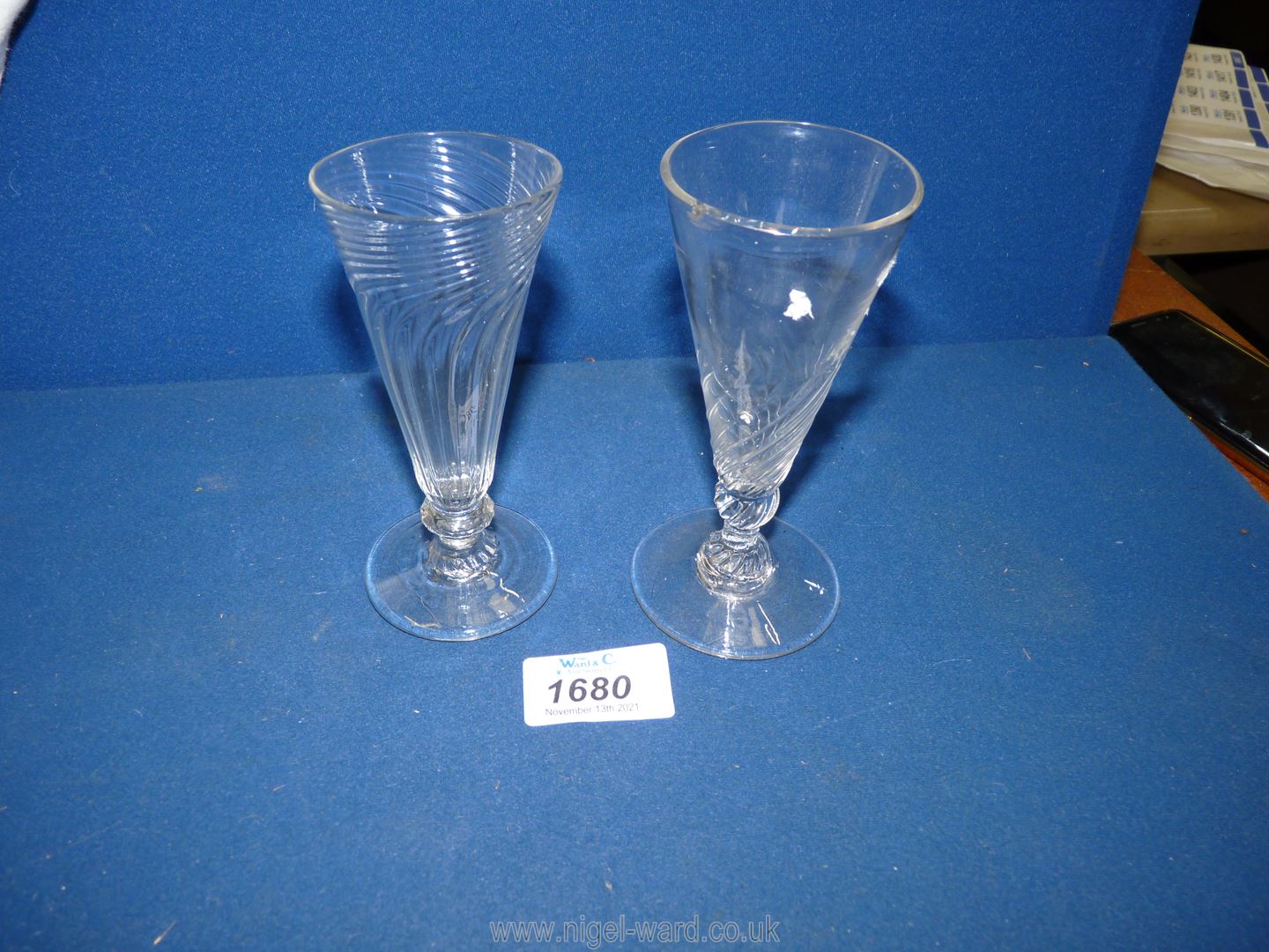 Two funnel shaped ale glasses with rough pontile (one with a crack). - Image 2 of 5