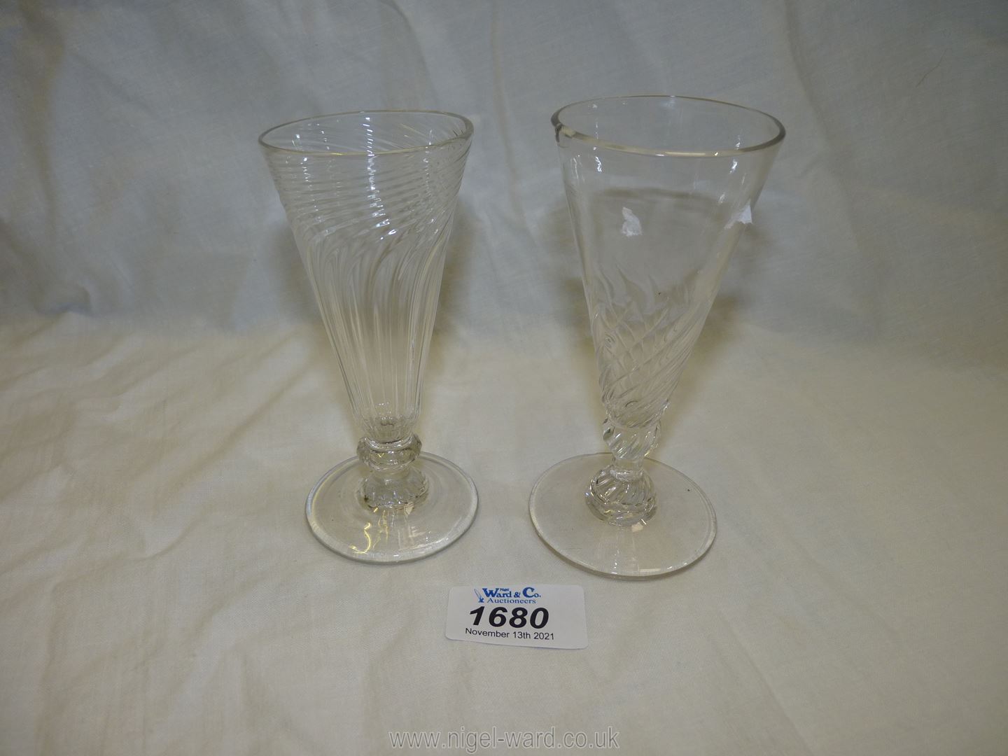 Two funnel shaped ale glasses with rough pontile (one with a crack). - Image 3 of 5