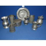 A box of various old pewter including tankard, tin with oriental scene, plate, jugs etc.