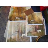 Four unframed Oil on canvas paintings depicting dogs in woods flushing out birds,