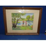 A framed and mounted watercolour of children and a dog playing by a pond,