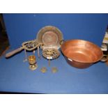 A copper preserving pan, two brass and iron trivets, white metal plate etc.