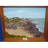 A wooden framed Oil on board depicting "Mumbles Head and Lighthouse", signed lower right K.M.