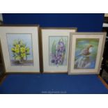 Two floral watercolours by Ann Morgan and a well executed pastel of a garden bird.