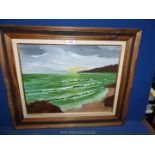 A framed oil on board depicting a seascape at sunset, signed lower right 'M. Nelson'.