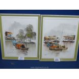 A pair of unsigned Oil on canvas of oriental boats and houses on stilts.