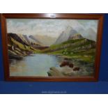 A wooden framed oil on board depicting Highland cattle drinking from a lake in mountains,
