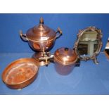 An Art Deco copper ice bucket with lid and Bakelite handles, large copper Samovar,