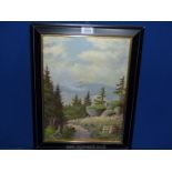 A framed oil on board depicting an alpine mounted landscape, indistinctly signed lower right,