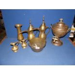 A small brass Jam Pan, Eastern style coffee pots, decorated vase,