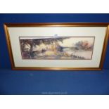 A framed and mounted watercolour of a river scene with 2 figures walking the riverside path,