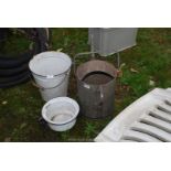 1967 military galvanised three gallon watering can, enamel pail and chamber pot.