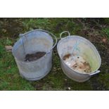 Small galvanised wash basin with holes in base and a pail.