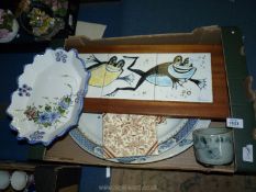 Two blue & white meat plates, 4 tiles, a Chinese vase (a/f), a froggy plaque, etc.