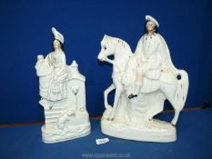 Two Staffordshire Flatbacks: a woman on steps with a dog and fountain and a horse and rider (chip
