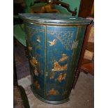 A dark blue lacquered bow fronted Chinoiserie corner Cupboard with gilded decoration and depictions