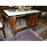 A most substantial and heavy Lyre-ended Walnut framed hall/centre Table having a dark grey veined