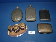 Three old Hip Flasks, Cloisonne enamel cruet on small tray and EPNS cigarette case.
