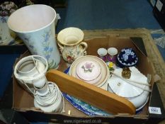 A box of miscellaneous china including Radfords vase, small Beswick dish, Aynsley table lamp,