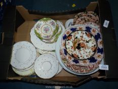 A box of china plates and part teasets: Royal Albert 'Albany Green', polka dots etc.