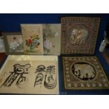 Three Oriental prints and two Eastern embroideries (unframed).