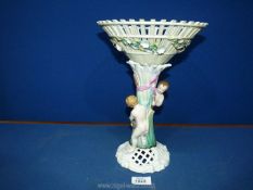 A porcelain Victorian table centre piece having two young boy figures on stem, blue marks to base,