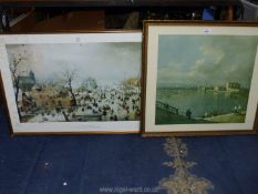 A framed Hendrick Avercamp Print "Winter landscape with ice skaters" along with an unsigned