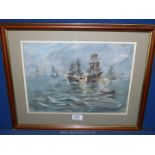 A Gouache painting of Fighting Warships, signed Parker.