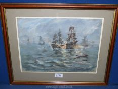 A Gouache painting of Fighting Warships, signed Parker.